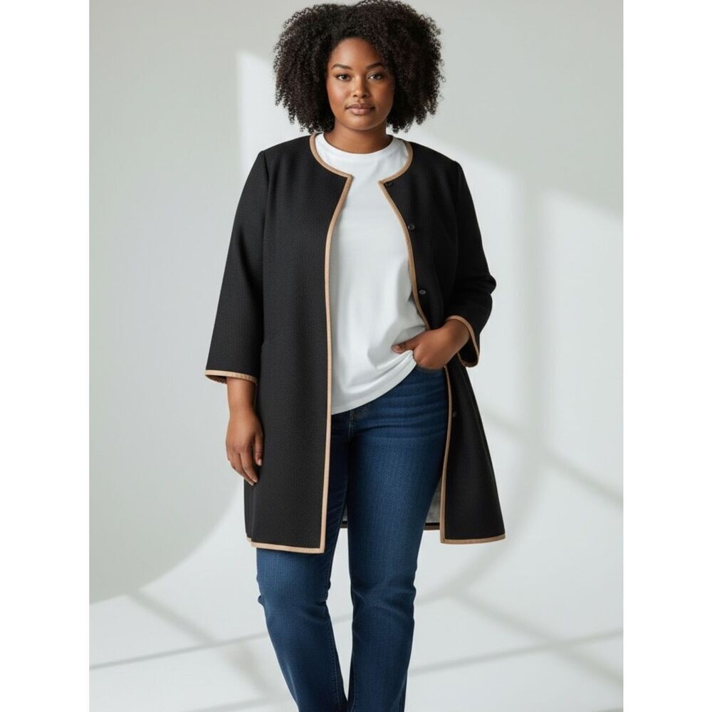 Talbots Black Trench Coat Coatigan Jacket Textured Cotton Blend Lined size 18W